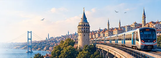 Istanbul skyline with the Galata Tower, the Golden Horn and a metro train